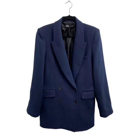 Zara Double Breasted Blazer In Navy Blue With Interior Strap Size Large - Picture 2 of 12